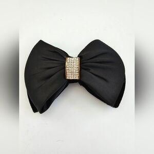 Vintage Glam Black Velvet & Satin Bow Hair Clip Rhinestone Encrusted Barrette